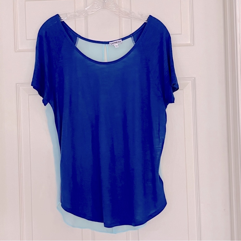 🌸 3/$25 Express Mixed Media Blue & Teal Chiffon Keyhole High Lo Blouse, Size M
